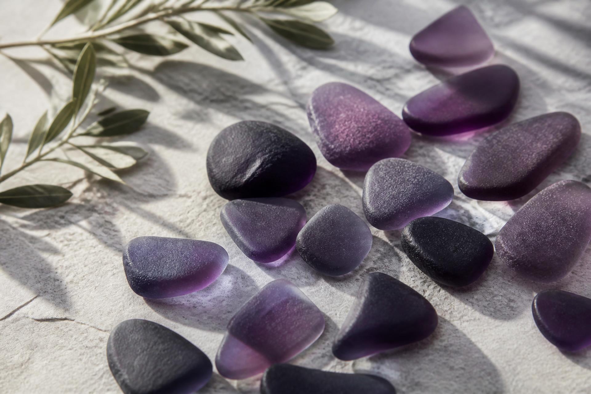 Abstract frosted violet sea glass on sun-bleached limestone, echoing the deep purple MIRON glass that protects Matinata's botanical actives